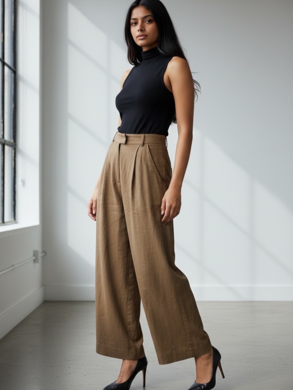 Three Graces London Wide Leg Linen Trousers Camel Size 10